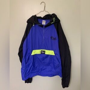 Victoria Secret Pink — black, blue and lime green hooded rain jacket